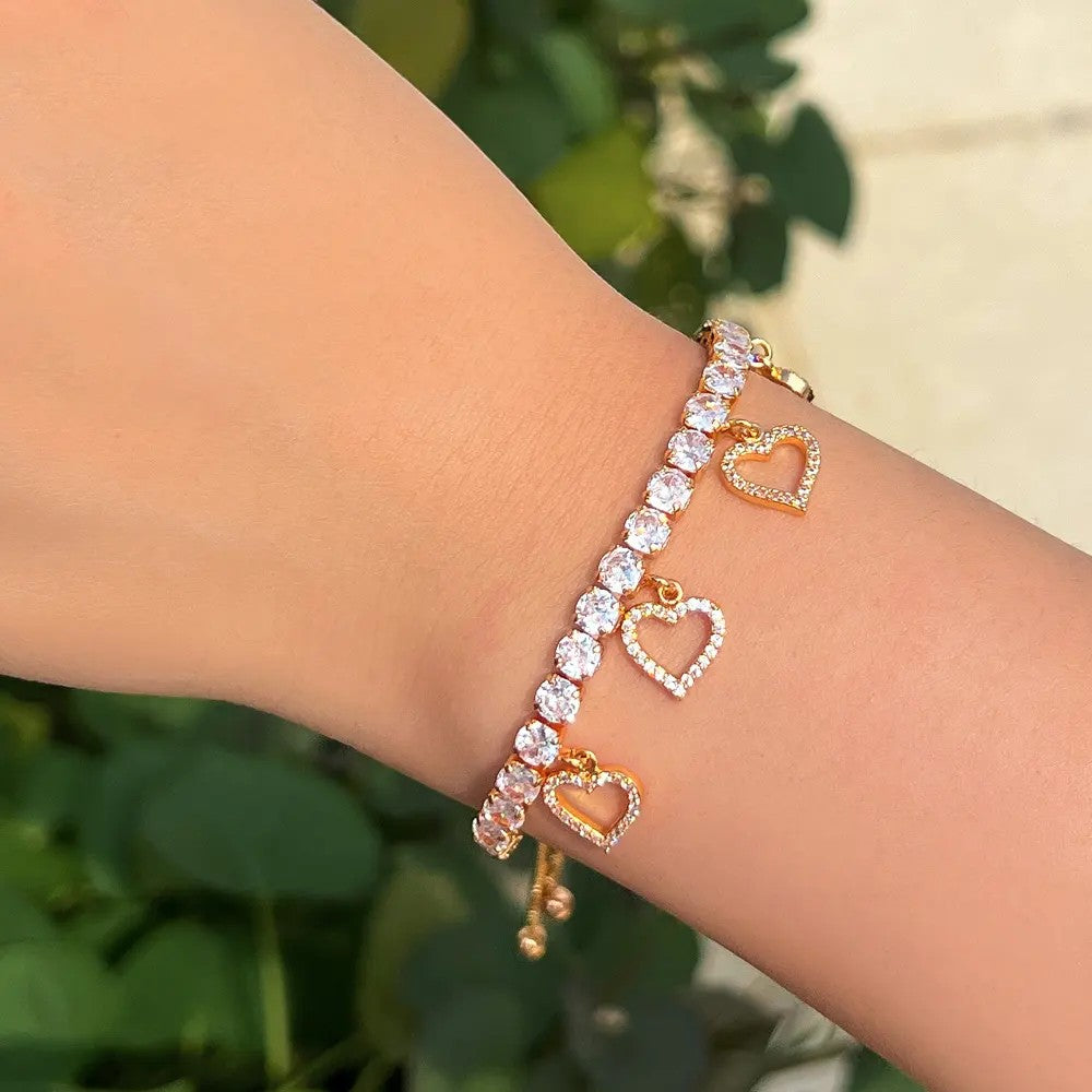 Heart Charm Bracelet with lab-created Diamonds in White or Yellow Gold Plate