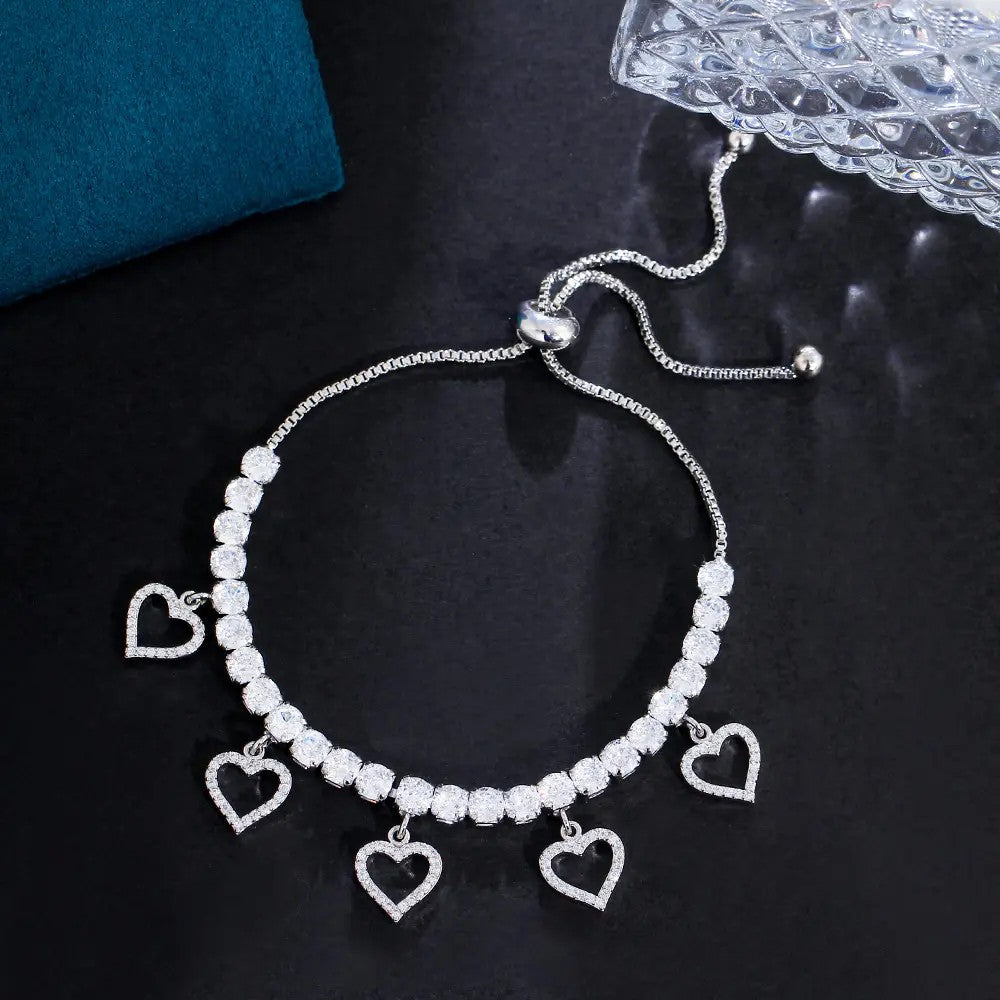 Heart Charm Bracelet with lab-created Diamonds in White or Yellow Gold Plate