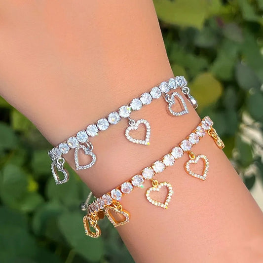 Heart Charm Bracelet with lab-created Diamonds in White or Yellow Gold Plate