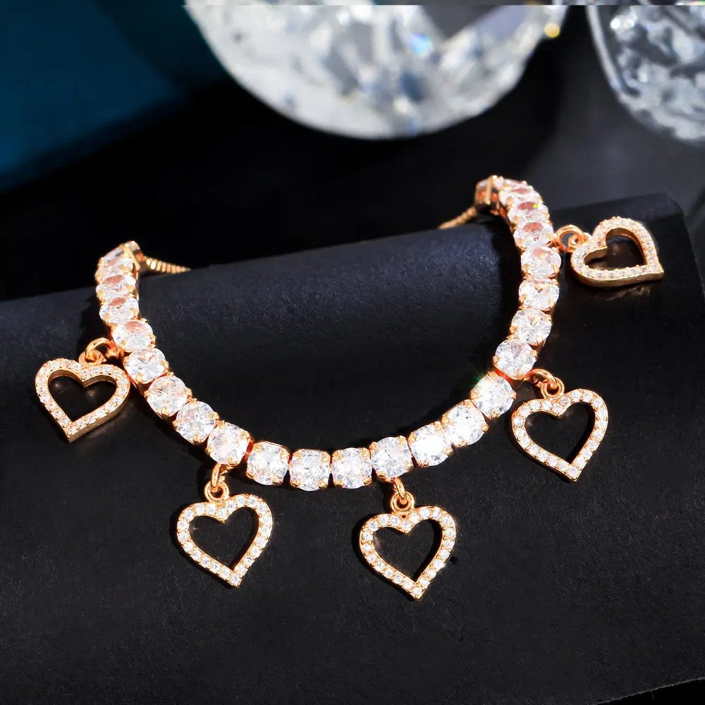 Heart Charm Bracelet with lab-created Diamonds in White or Yellow Gold Plate