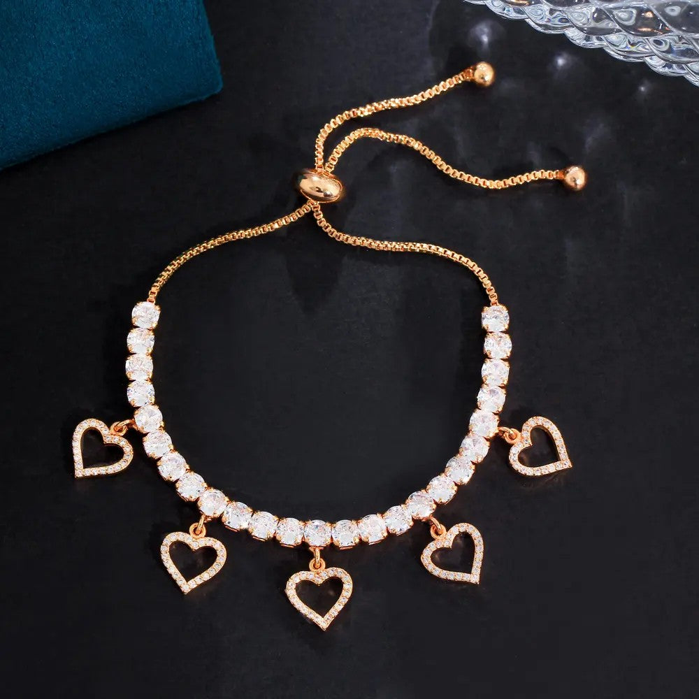 Heart Charm Bracelet with lab-created Diamonds in White or Yellow Gold Plate