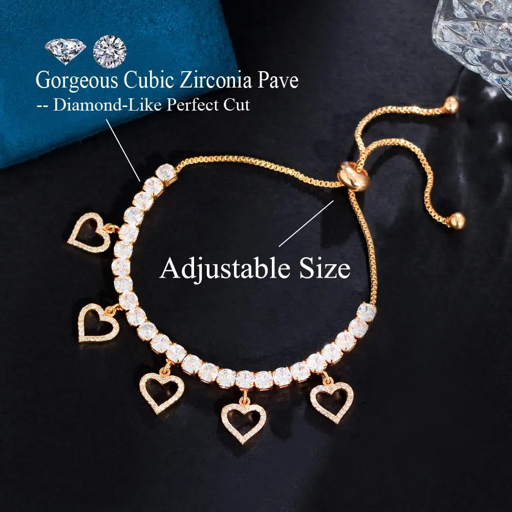 Heart Charm Bracelet with lab-created Diamonds in White or Yellow Gold Plate