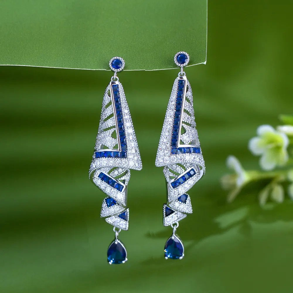 Pear lab-created Sapphire and Pave Diamond White Gold-plated Fold Earrings