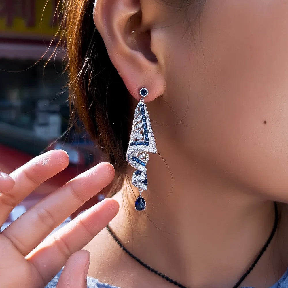 Pear lab-created Sapphire and Pave Diamond White Gold-plated Fold Earrings