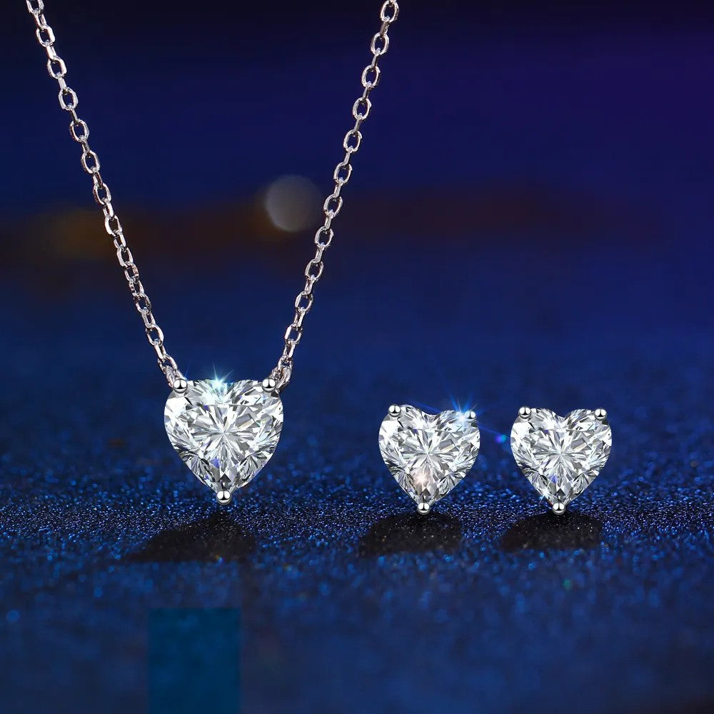 .925 Sterling Heart Shaped lab-created Diamond Necklace and Earrings Set