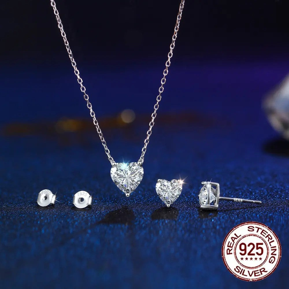 .925 Sterling Heart Shaped lab-created Diamond Necklace and Earrings Set