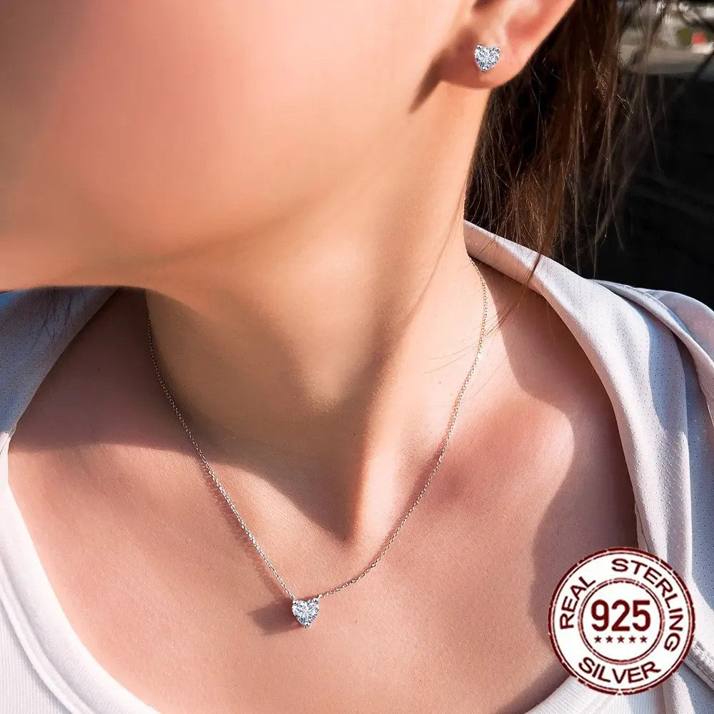 .925 Sterling Heart Shaped lab-created Diamond Necklace and Earrings Set