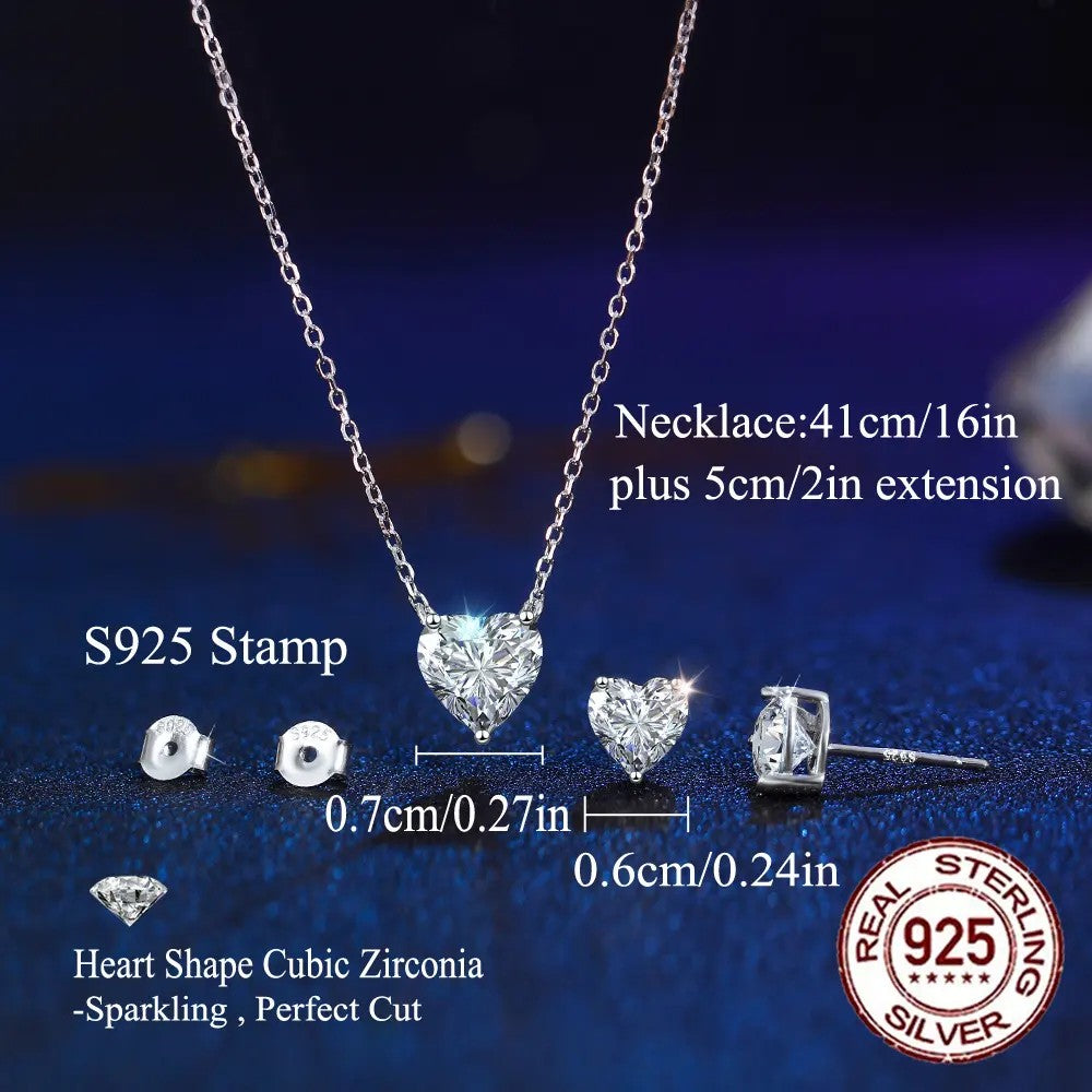 .925 Sterling Heart Shaped lab-created Diamond Necklace and Earrings Set