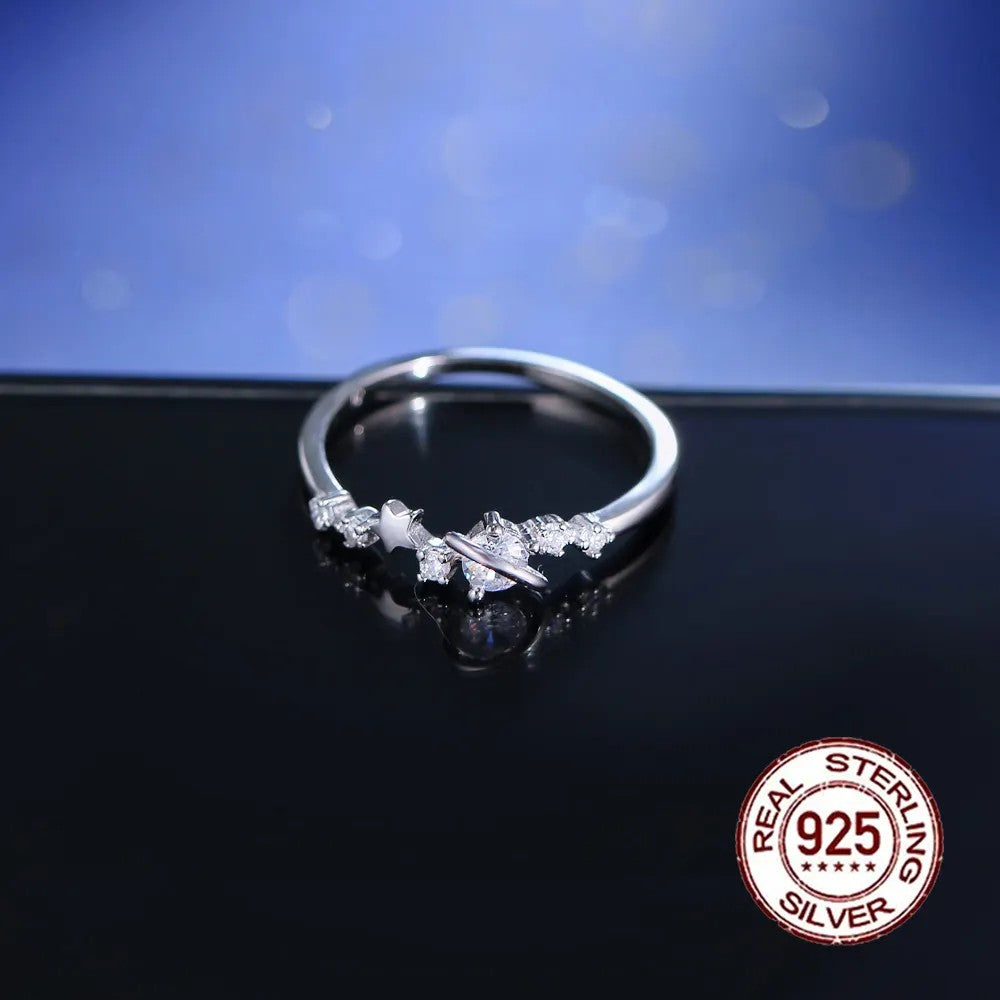 .925 Sterling Celestial Star and Planet Ring with lab-created Diamonds