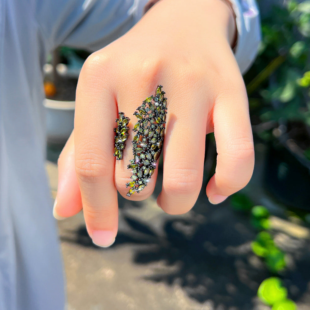 Gunmetal Plated Adjustable Olive Peridot Cubic Zirconia Dinner Ring