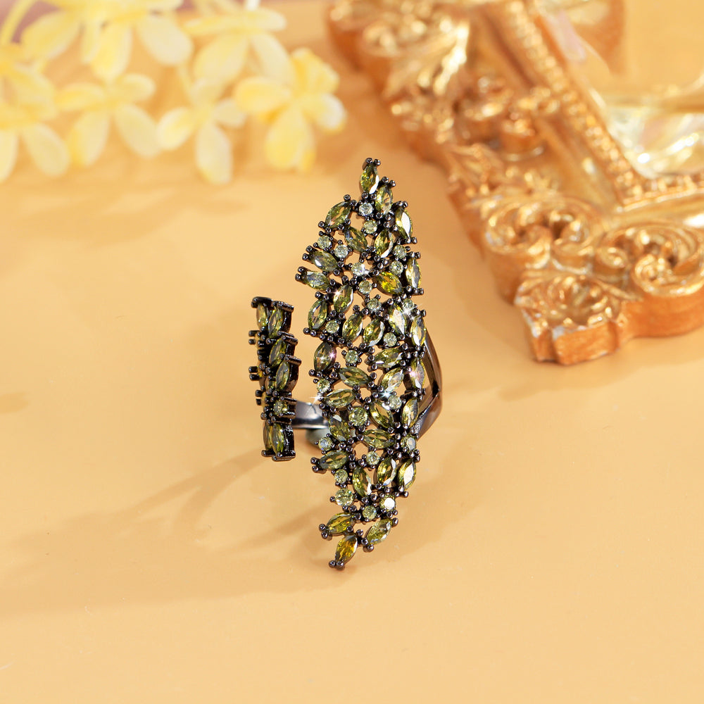 Gunmetal Plated Adjustable Olive Peridot Cubic Zirconia Dinner Ring