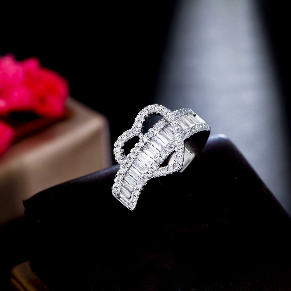 18k White Gold-plated Baguette Cubic Zirconia Adjustable Heart Ring