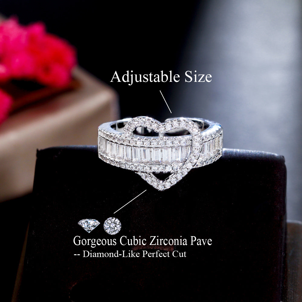 18k White Gold-plated Baguette Cubic Zirconia Adjustable Heart Ring
