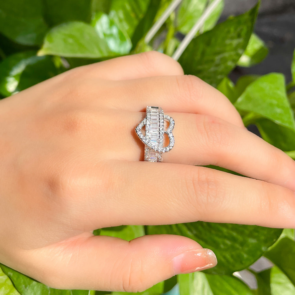 18k White Gold-plated Baguette Cubic Zirconia Adjustable Heart Ring