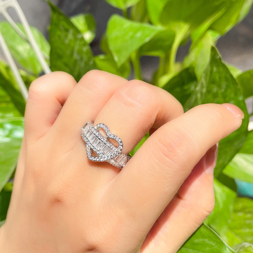 18k White Gold-plated Baguette Cubic Zirconia Adjustable Heart Ring