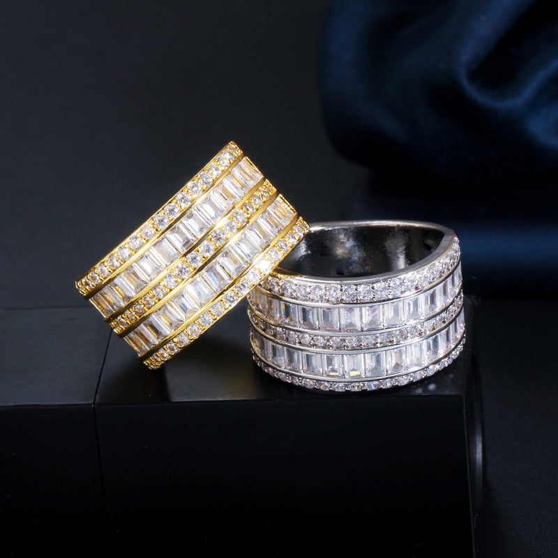 18k Gold-Plated Emerald Cut Channel Set Cubic Zirconia Band Ring in White or Yellow Gold