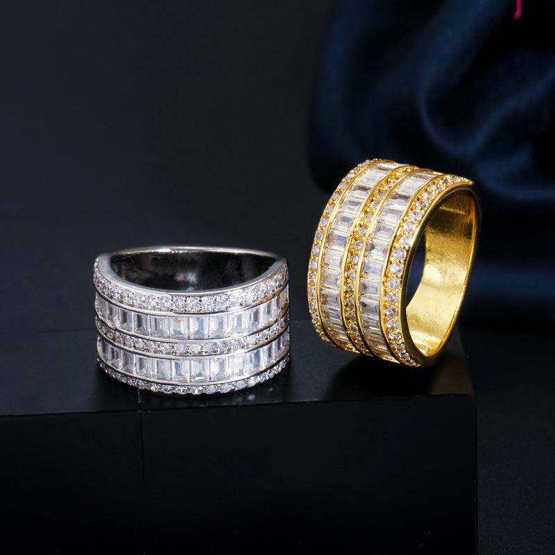 18k Gold-Plated Emerald Cut Channel Set Cubic Zirconia Band Ring in White or Yellow Gold