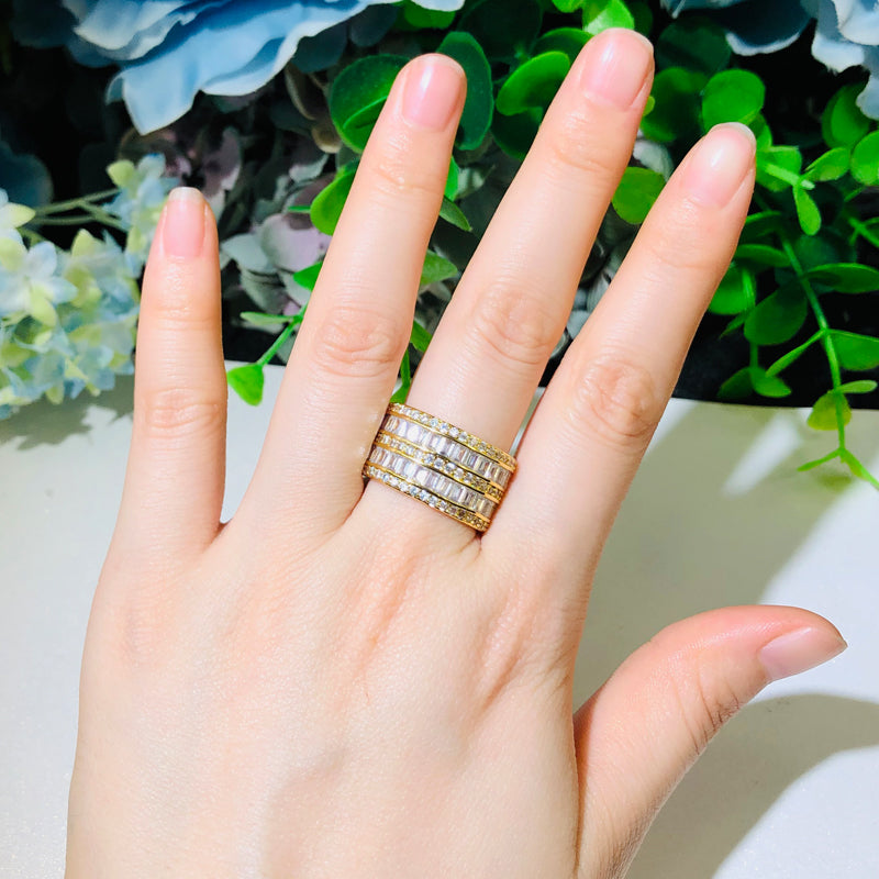 18k Gold-Plated Emerald Cut Channel Set Cubic Zirconia Band Ring in White or Yellow Gold