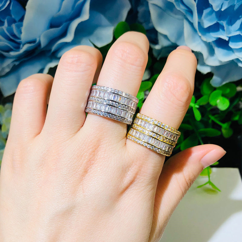 18k Gold-Plated Emerald Cut Channel Set Cubic Zirconia Band Ring in White or Yellow Gold