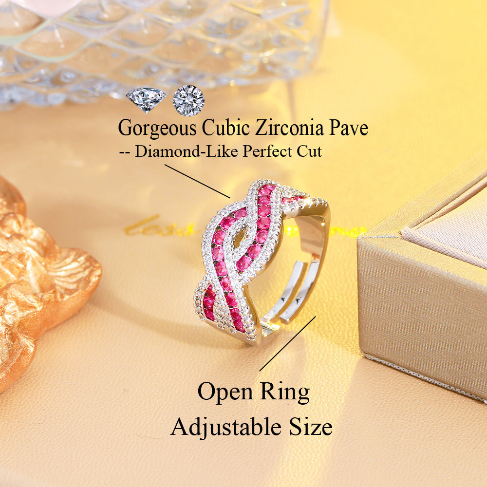 18k White Gold-Plated Twisted Adjustable Ring with Pave and Colored Cubic Zirconia *** Red, Blue or Green ***