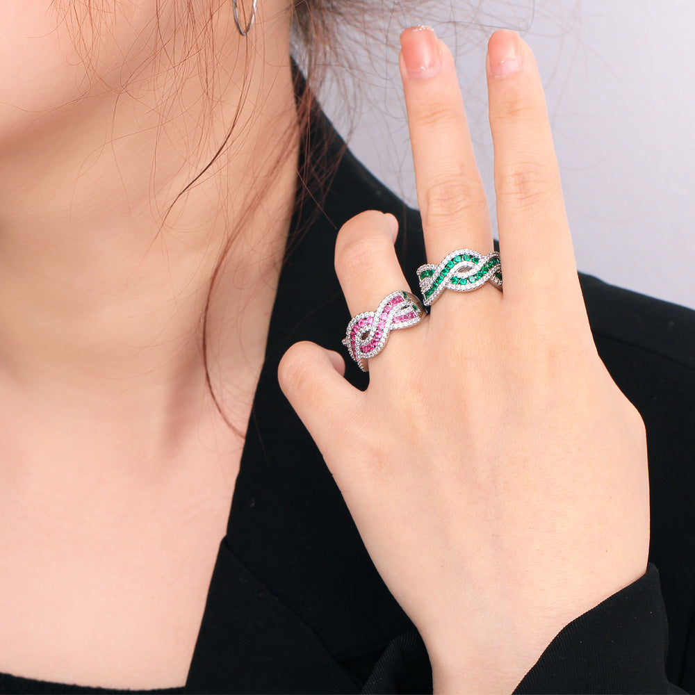 18k White Gold-Plated Twisted Adjustable Ring with Pave and Colored Cubic Zirconia *** Red, Blue or Green ***