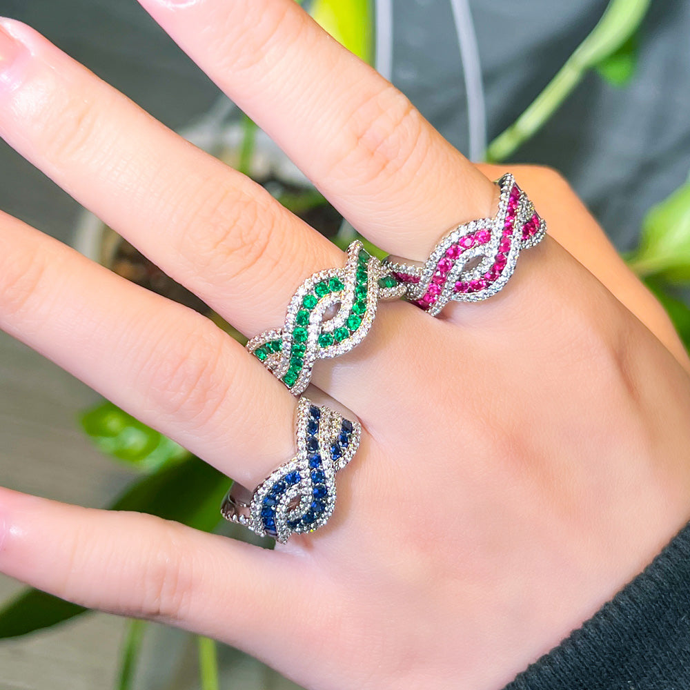 18k White Gold-Plated Twisted Adjustable Ring with Pave and Colored Cubic Zirconia *** Red, Blue or Green ***