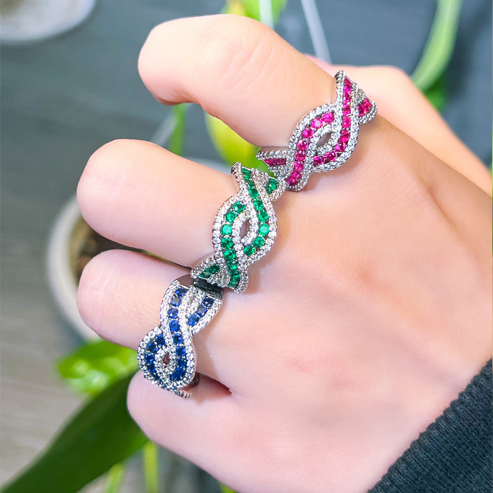 18k White Gold-Plated Twisted Adjustable Ring with Pave and Colored Cubic Zirconia *** Red, Blue or Green ***