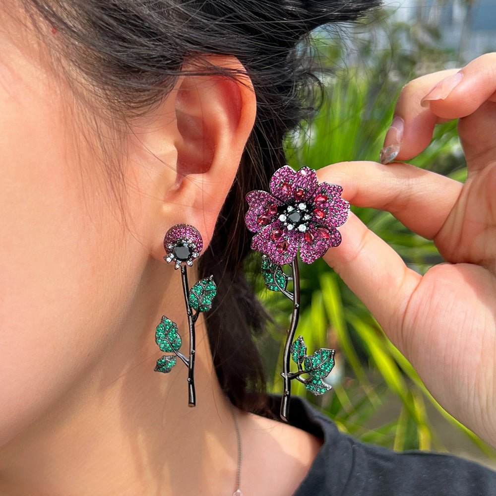18k Gold-plated Red and Green Pave Cubic Zirconia 4-Piece Flower Earrings