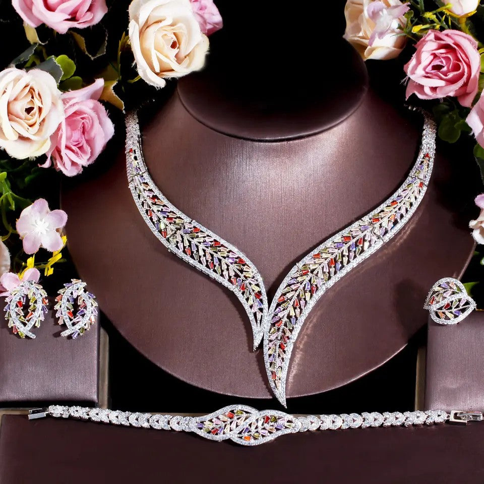 Cynthia: Multi-Color lab-created Baguette Four Piece Leaf Set (Necklace, earrings, bracelet and ring)