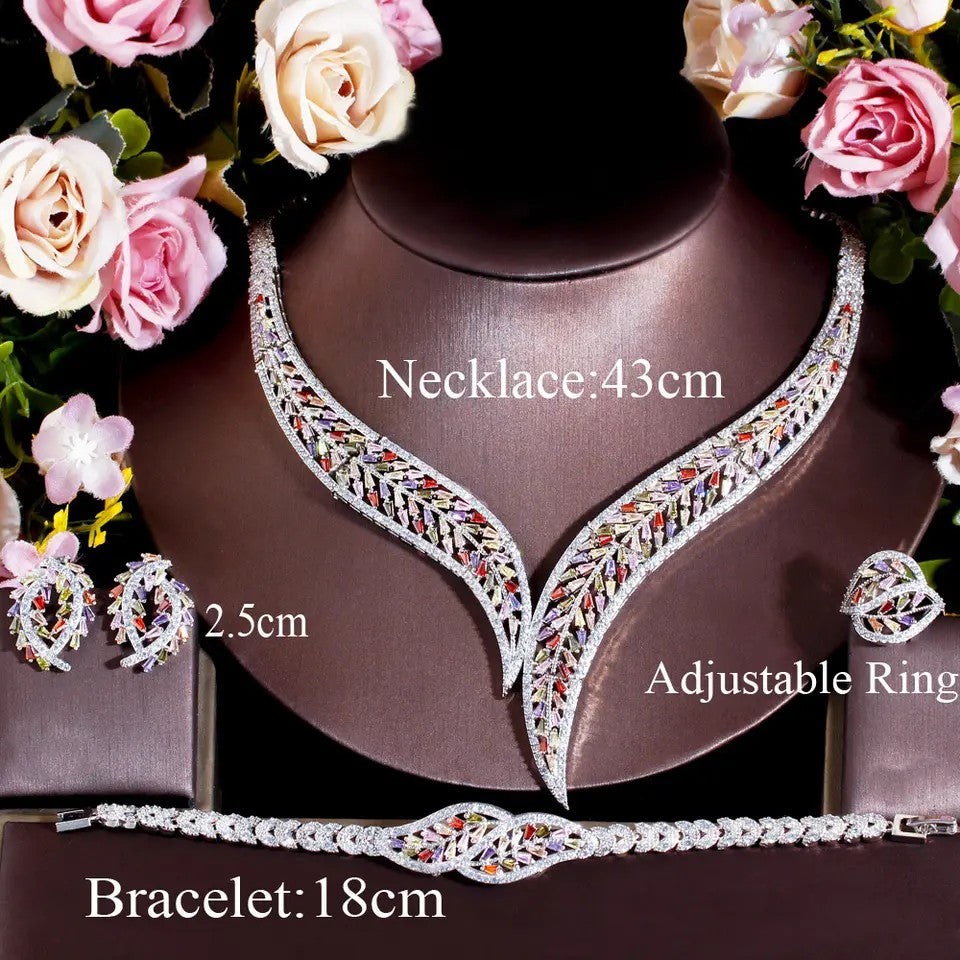 Cynthia: Multi-Color lab-created Baguette Four Piece Leaf Set (Necklace, earrings, bracelet and ring)