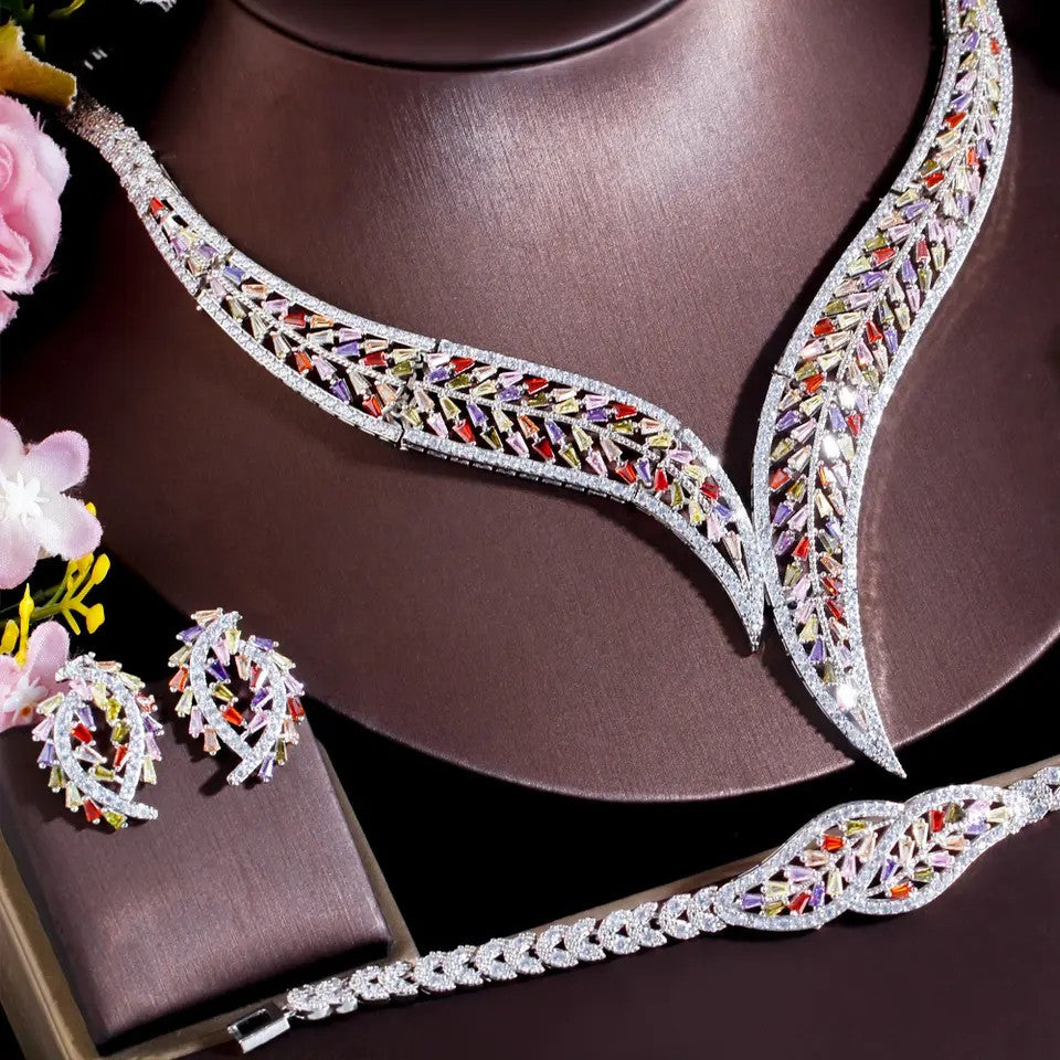 Cynthia: Multi-Color lab-created Baguette Four Piece Leaf Set (Necklace, earrings, bracelet and ring)
