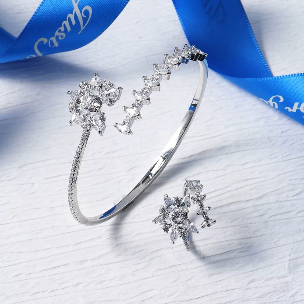 Rhodium-plated lab-created Gemstone Floral Bangle Bracelet and Ring ** Choice **
