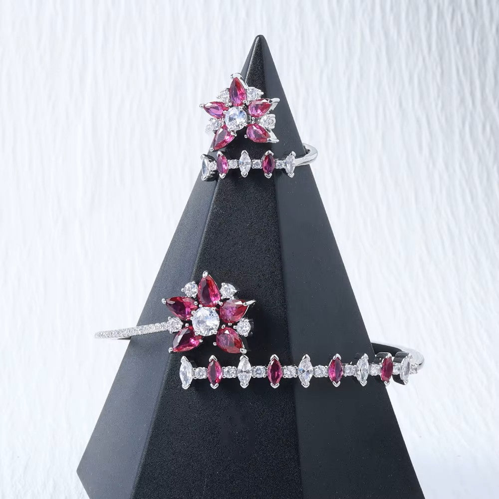 Rhodium-plated lab-created Gemstone Floral Bangle Bracelet and Ring ** Choice **
