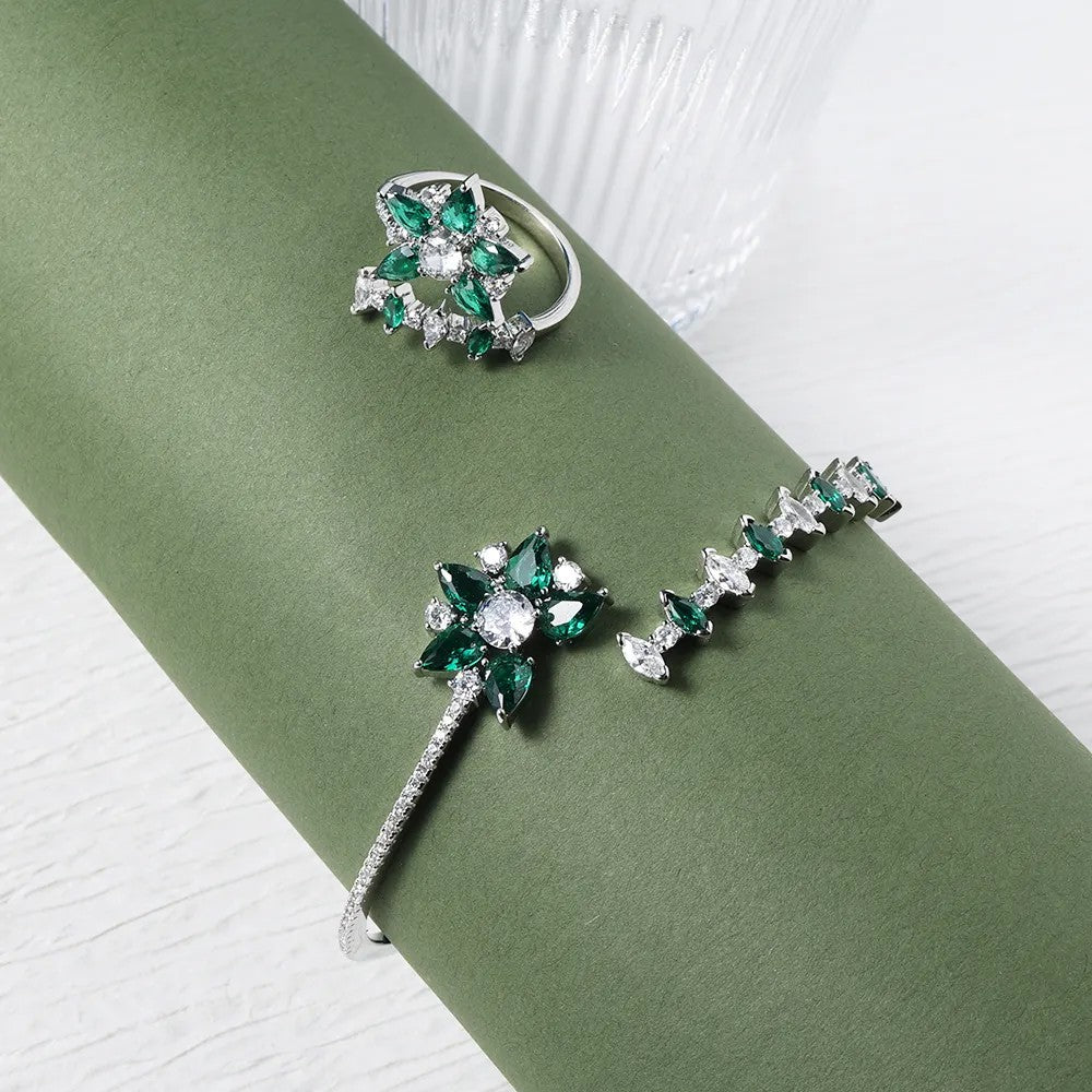 Rhodium-plated lab-created Gemstone Floral Bangle Bracelet and Ring ** Choice **