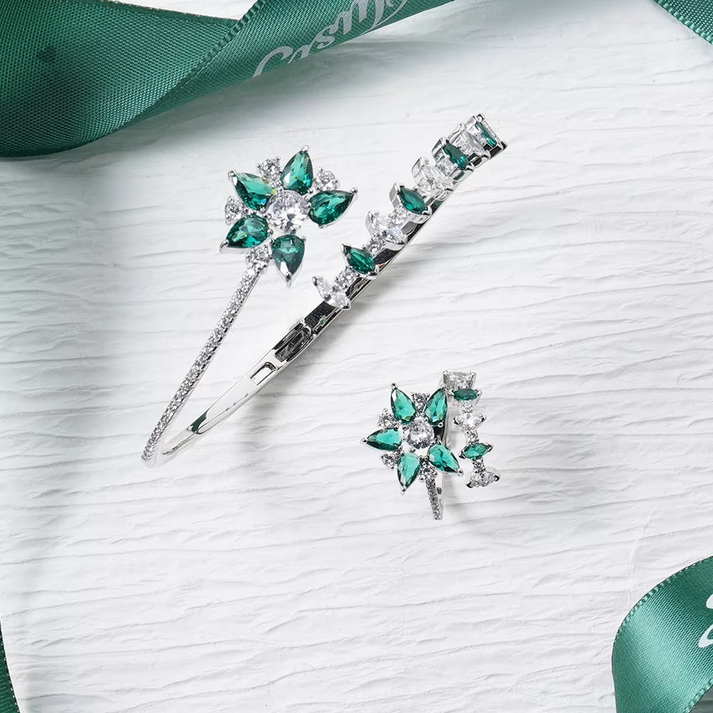 Rhodium-plated lab-created Gemstone Floral Bangle Bracelet and Ring ** Choice **