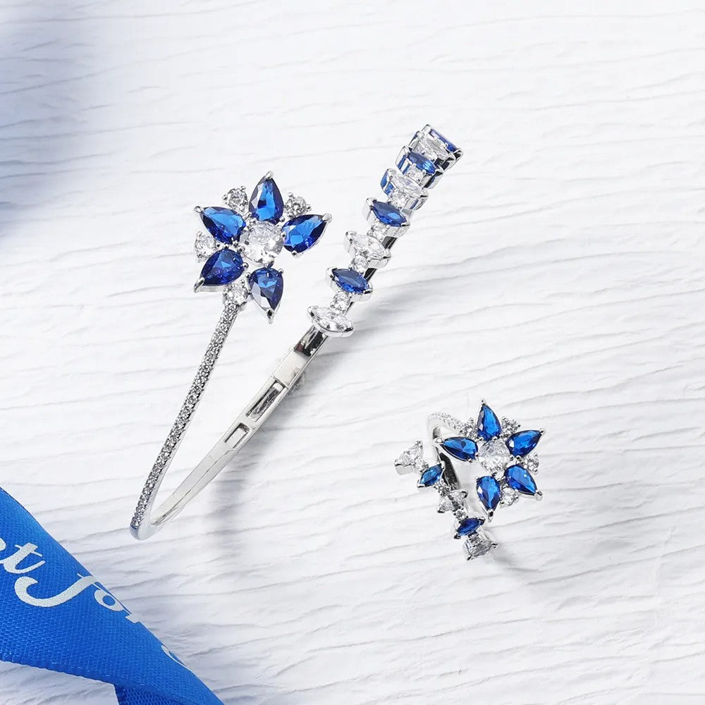 Rhodium-plated lab-created Gemstone Floral Bangle Bracelet and Ring ** Choice **