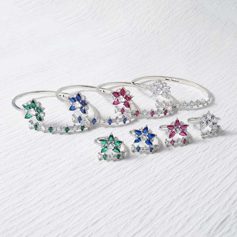 Rhodium-plated lab-created Gemstone Floral Bangle Bracelet and Ring ** Choice **