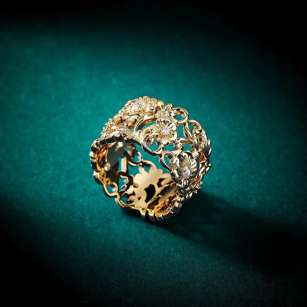 Gold floral band ring with lab-created diamond accent