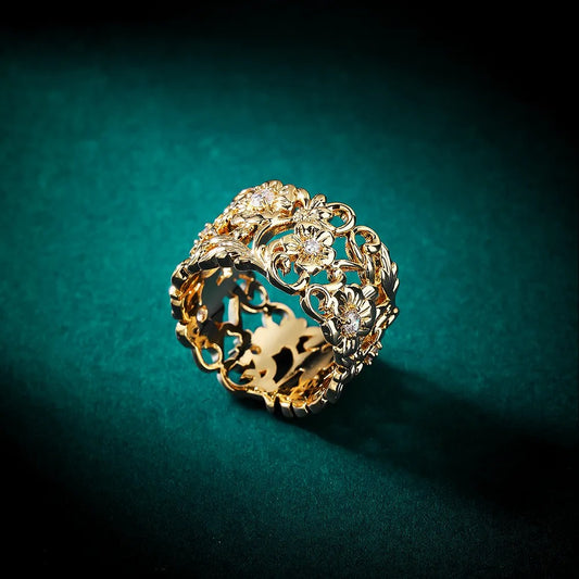 Gold floral band ring with lab-created diamond accent