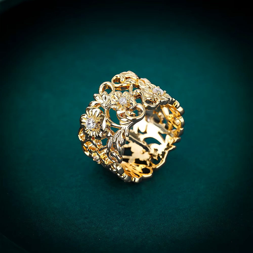 Gold floral band ring with lab-created diamond accent