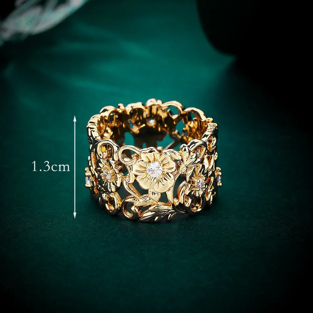 Gold floral band ring with lab-created diamond accent