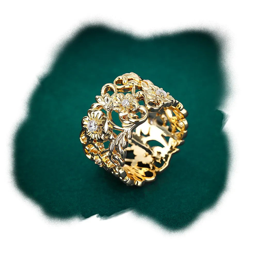 Gold floral band ring with lab-created diamond accent