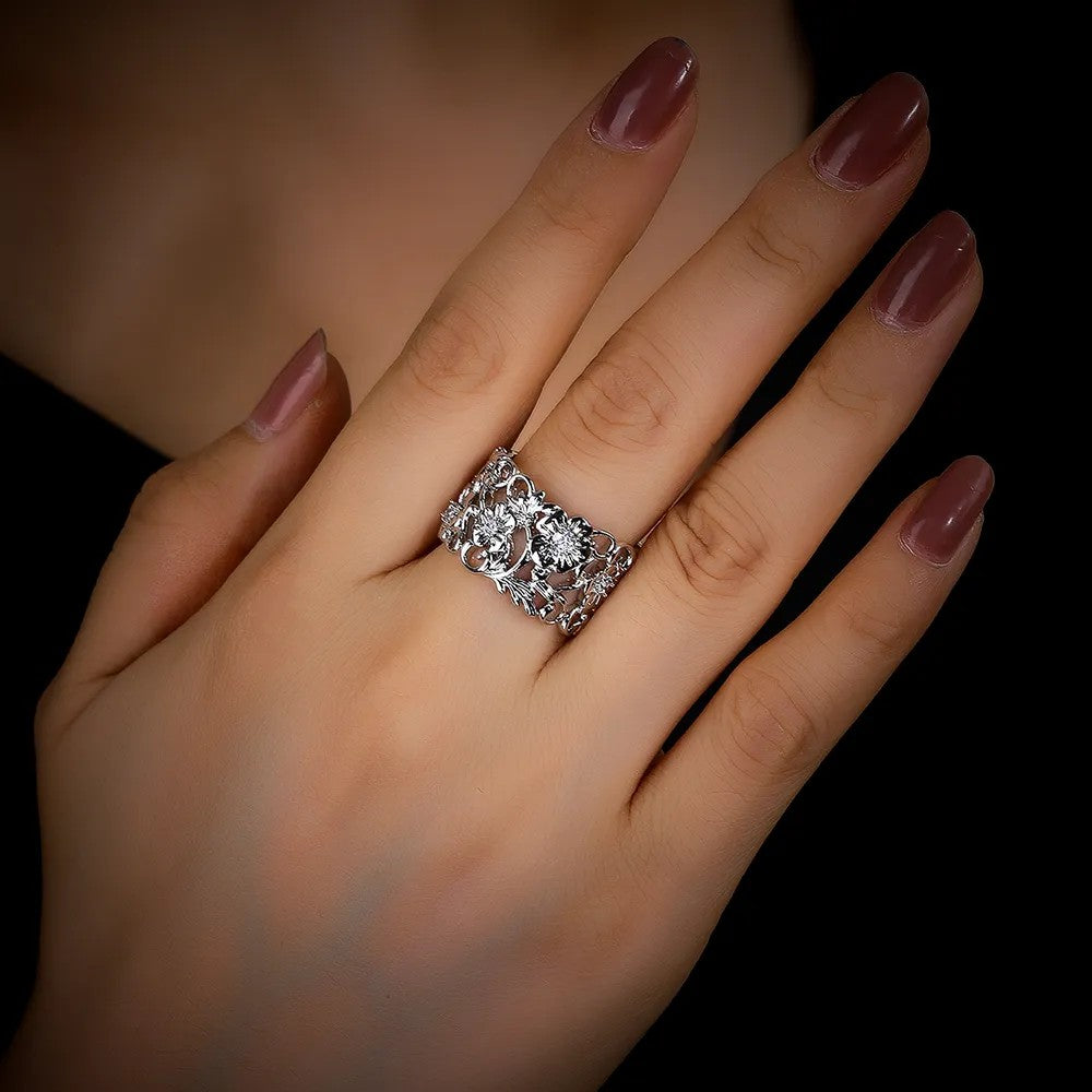 Silver floral band ring with lab-created diamond accent