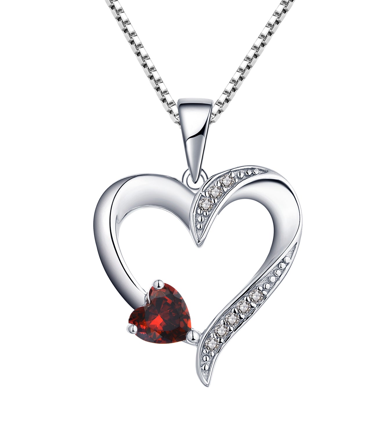 Sophia: Rhodium-plated .925 Sterling Silver Heart and lab-created Garnet Necklace
