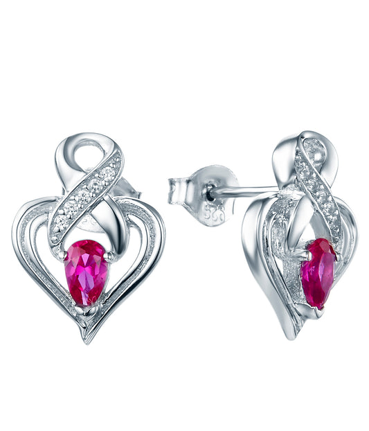 Melanie: Rhodium-plated .925 Sterling lab-created Ruby Ribbon Heart Earrings