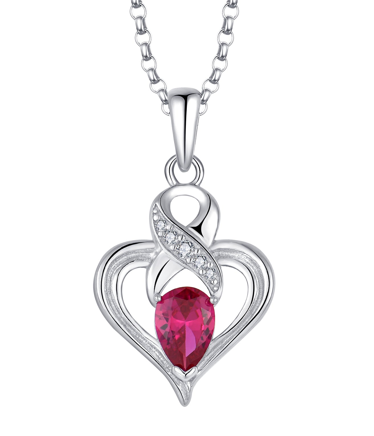 Melanie: Rhodium-plated .925 Sterling lab-created Ruby Ribbon Heart Necklace