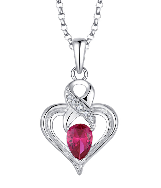 Melanie: Rhodium-plated .925 Sterling lab-created Ruby Ribbon Heart Necklace