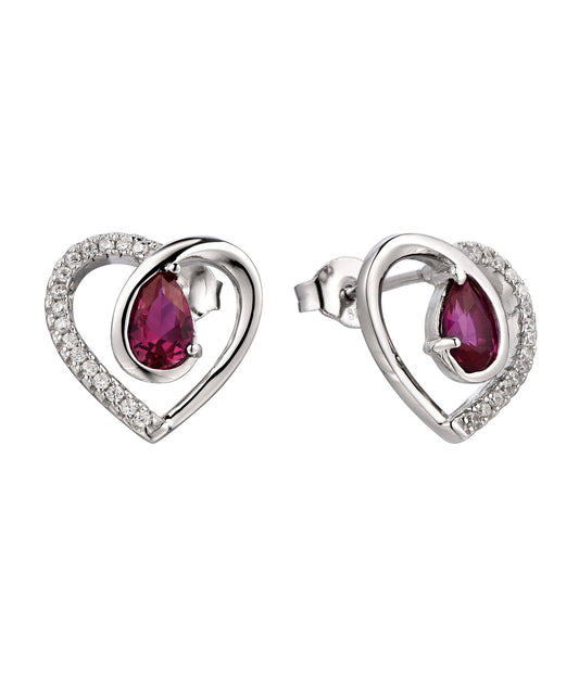 Sylvia: Rhodium-plated .925 Sterling lab-created Garnet and Diamond Heart Earrings