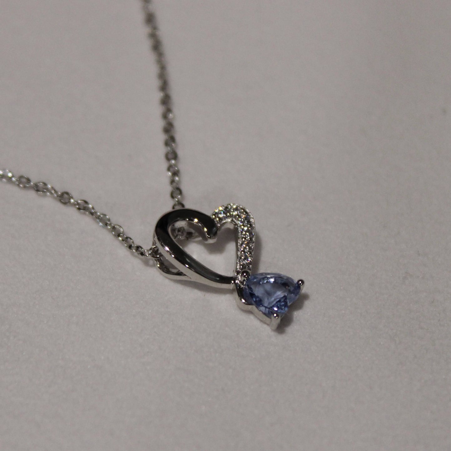 Amy: Rhodium plated .925 Sterling lab-created Light Amethyst Heart Necklace