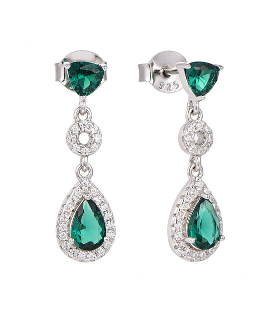 Aurora: Rhodium-plated .925 Sterling lab-created Emerald Teardrop and Diamond Earrings
